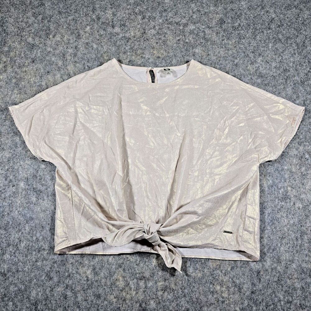 Anne Klein Women's Blouse Top Linen Blend Pink Shimmer with Ties in Front Sz XL